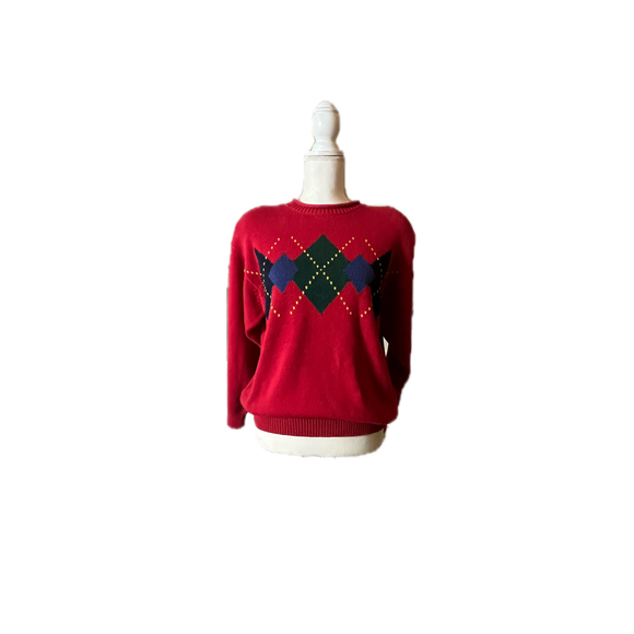 Lizsport Vintage 90s Red Argyle Sweater Old Money Prep Christmas Medium - Picture 2 of 6